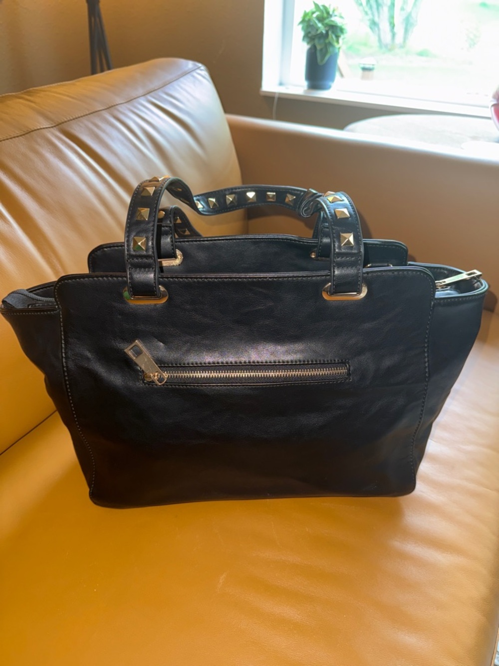 Urban Expressions Black Studded Leather Tote Shoulder Bag - Picture 2 of 4